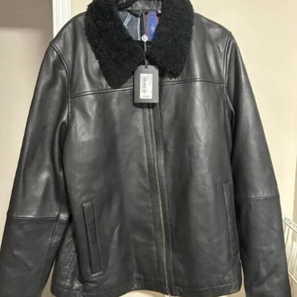 NWT $795 Men's Ted Baker London Black Leather Jacket w/ Shearling Collar Size 5 - Picture 1 of 15